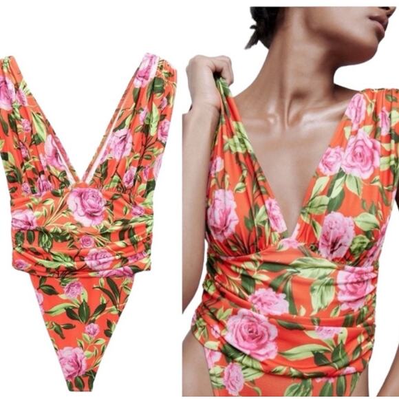 Zara Floral Draped V Neck Wide Straps Snap Tropical Bodysuit Size Medium Boho - Picture 1 of 10